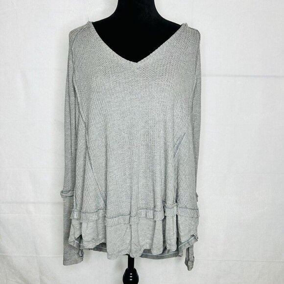 Free People We The Free Gray Long Sleeve Thermal Waffle Knit Top Sz XS - Picture 1 of 10